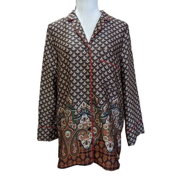 NWT Zara Brown Multi Pattern Flowy Piped Shirt Size S - Picture 1 of 7